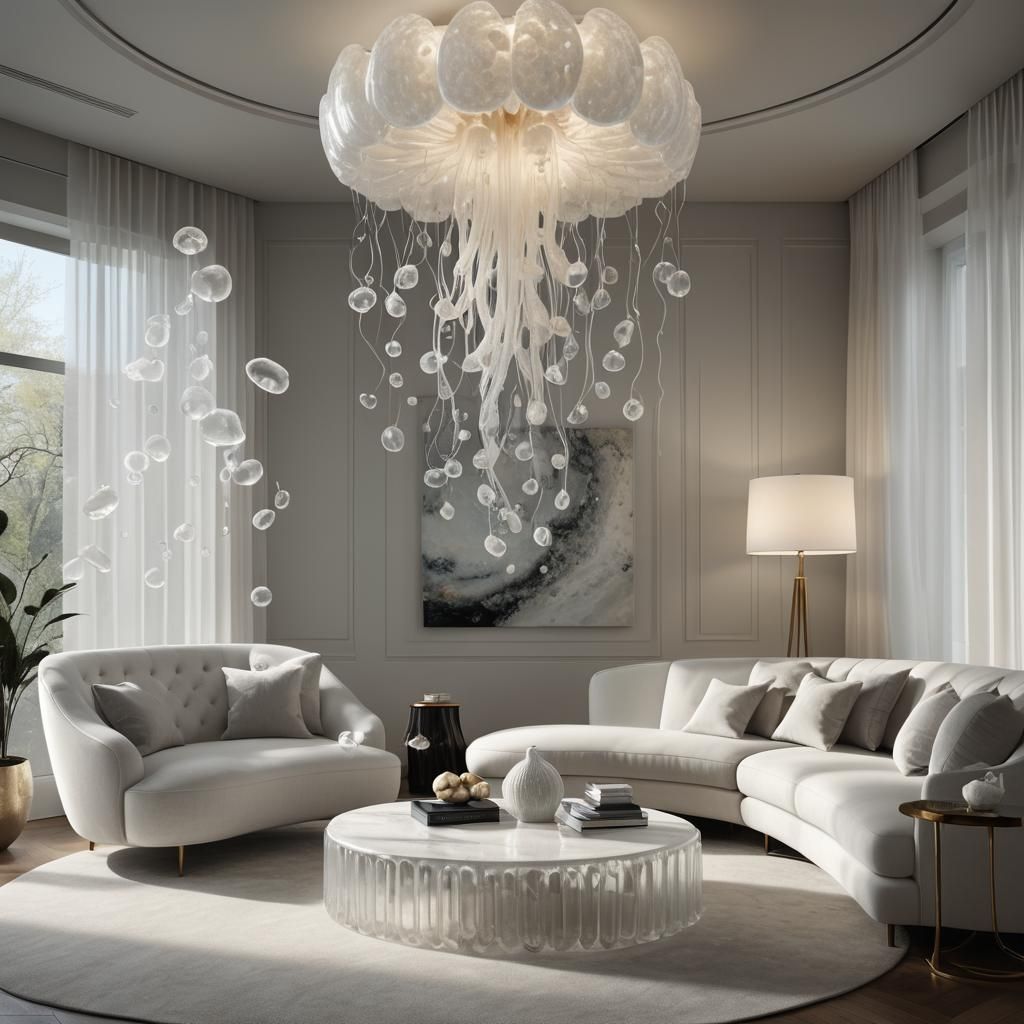 Minimalist Interior with Bioluminescent Jellyfish Lamps
