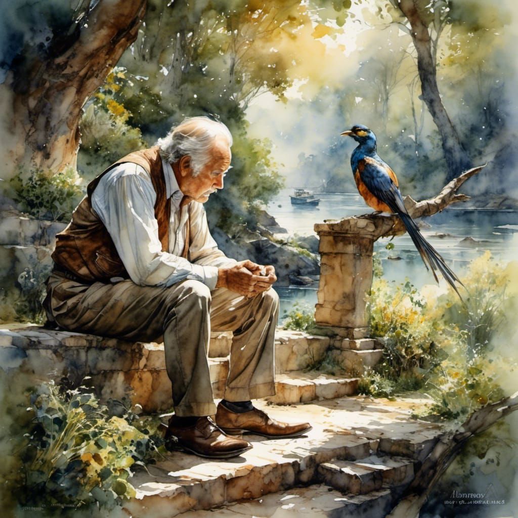 Old Man and Bird Watercolor Portrait