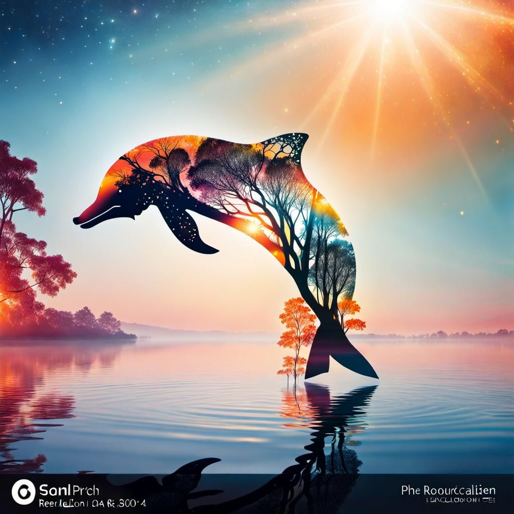 Intricate Double Exposure: Dolphin Sunset in Orange Shades