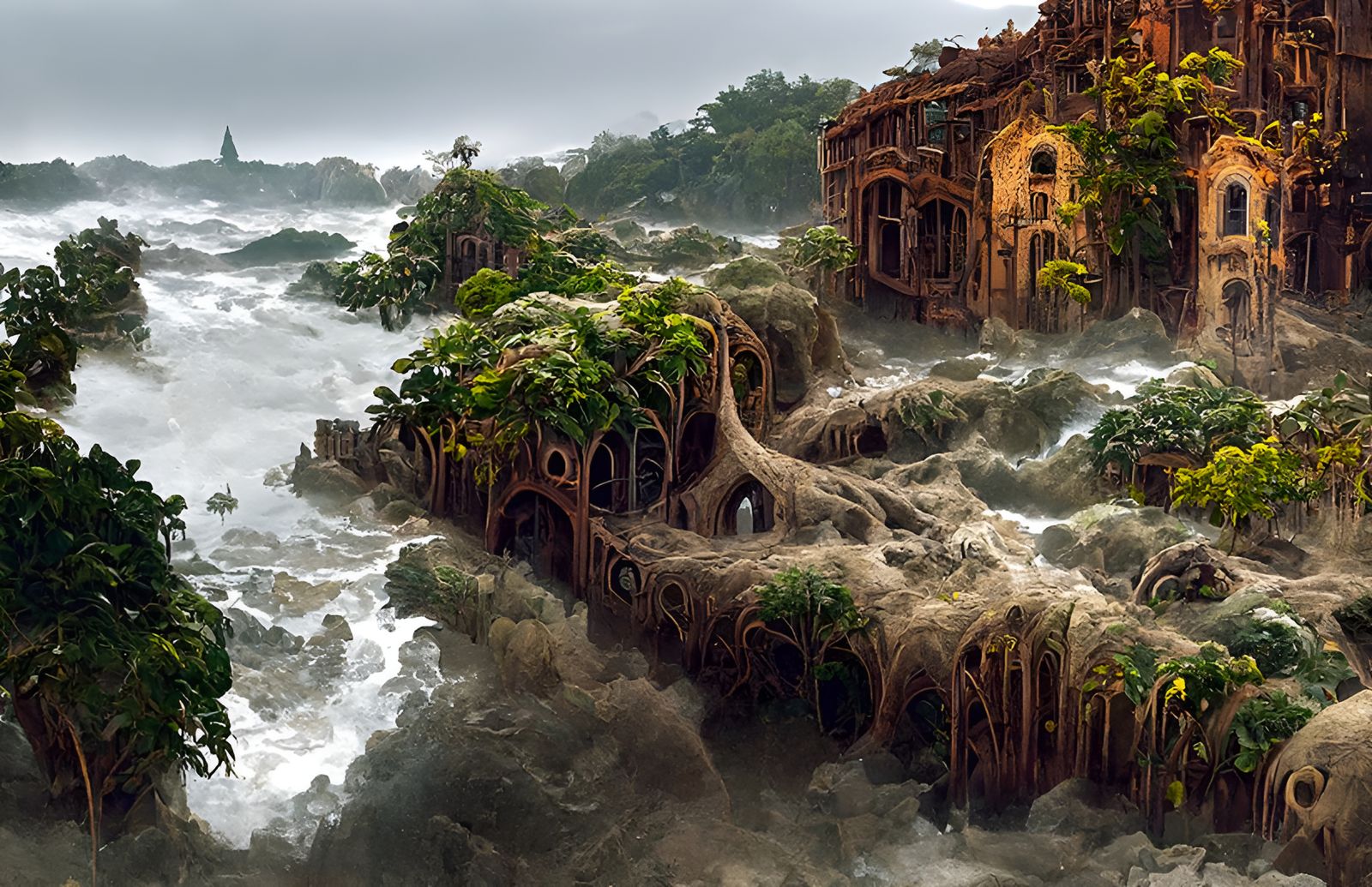 Stormy Jungle Shore with Abandoned Stone Buildings