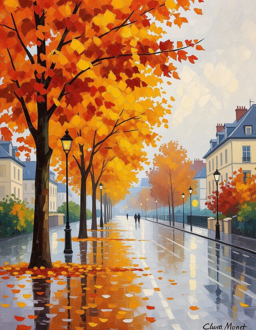 Impressionistic Autumn Trees in Misty Rain