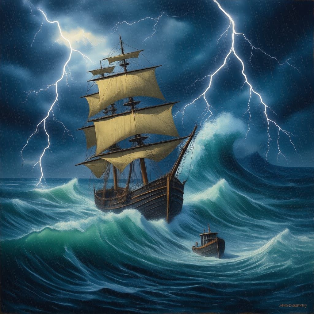 Persian Ship Battles Stormy Seas in Oil Painting