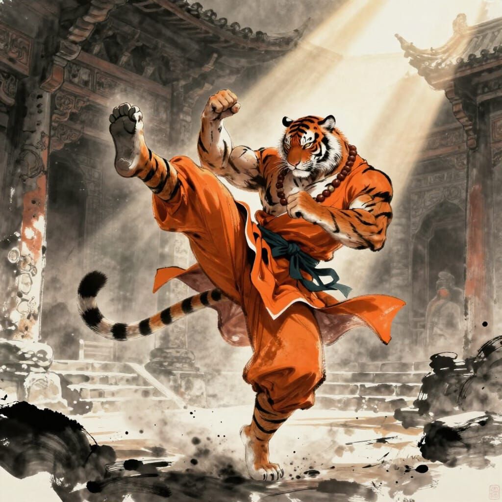 Tiger Monk Executes Fierce Spinning Kick in Ancient Arena