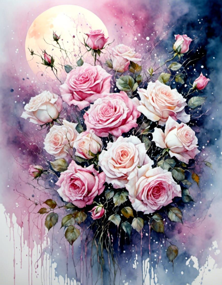 Watercolor Pink and White Rose Bouquet in Moonlight