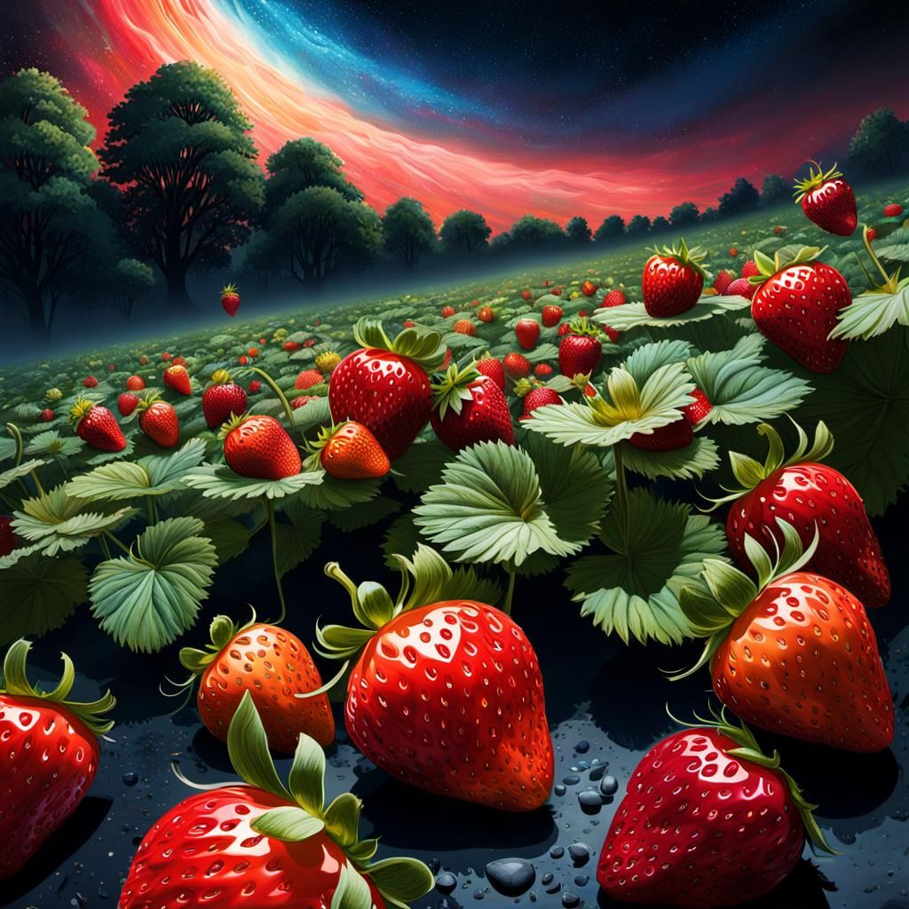 Hyperrealistic Strawberry Fields Forever at Night