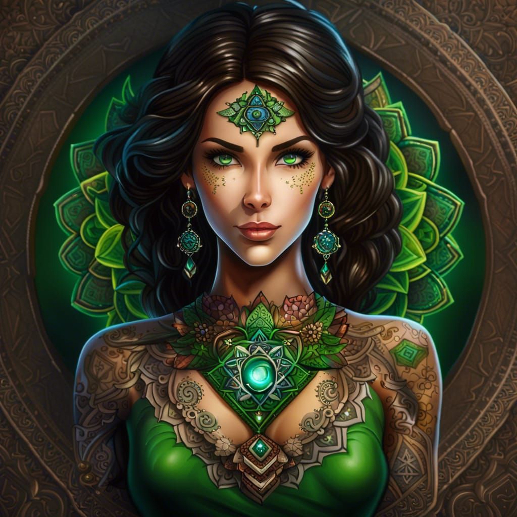 Magic Girl with Mandala Tattoos and Shining Chakra