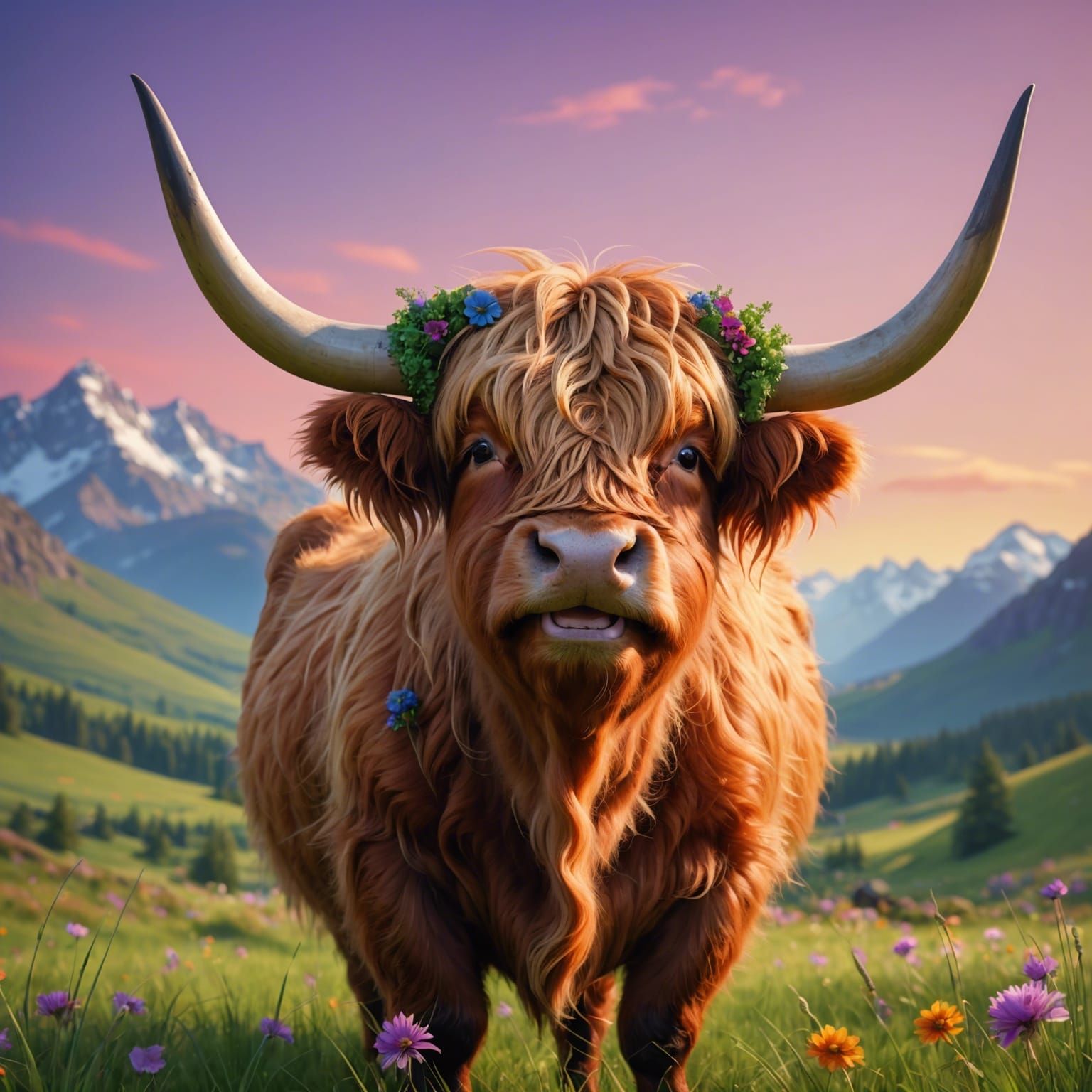 Happy Highland Cow with Flower, 3D Digital Art