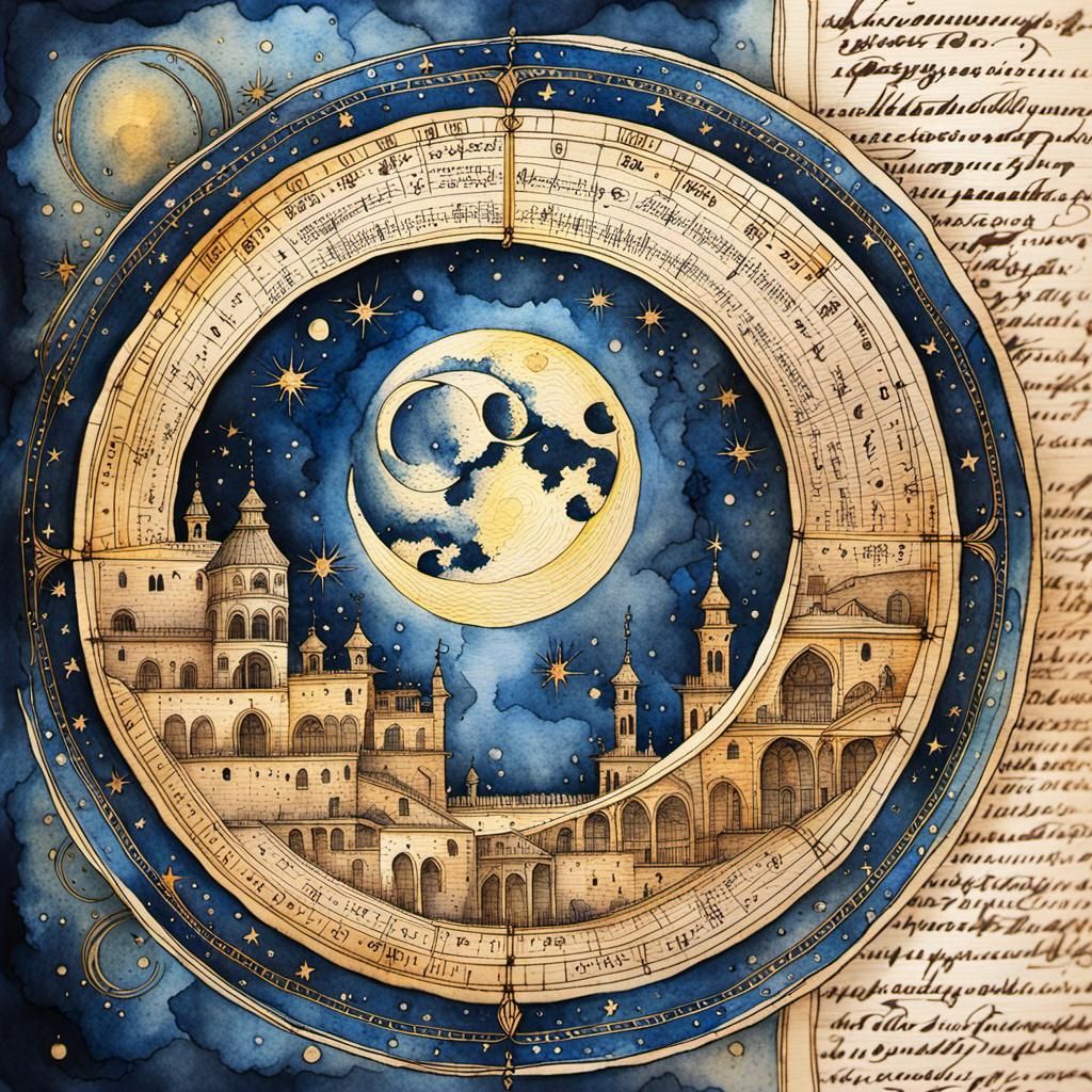 Baroque Moon Cycle Drawing on Papyrus