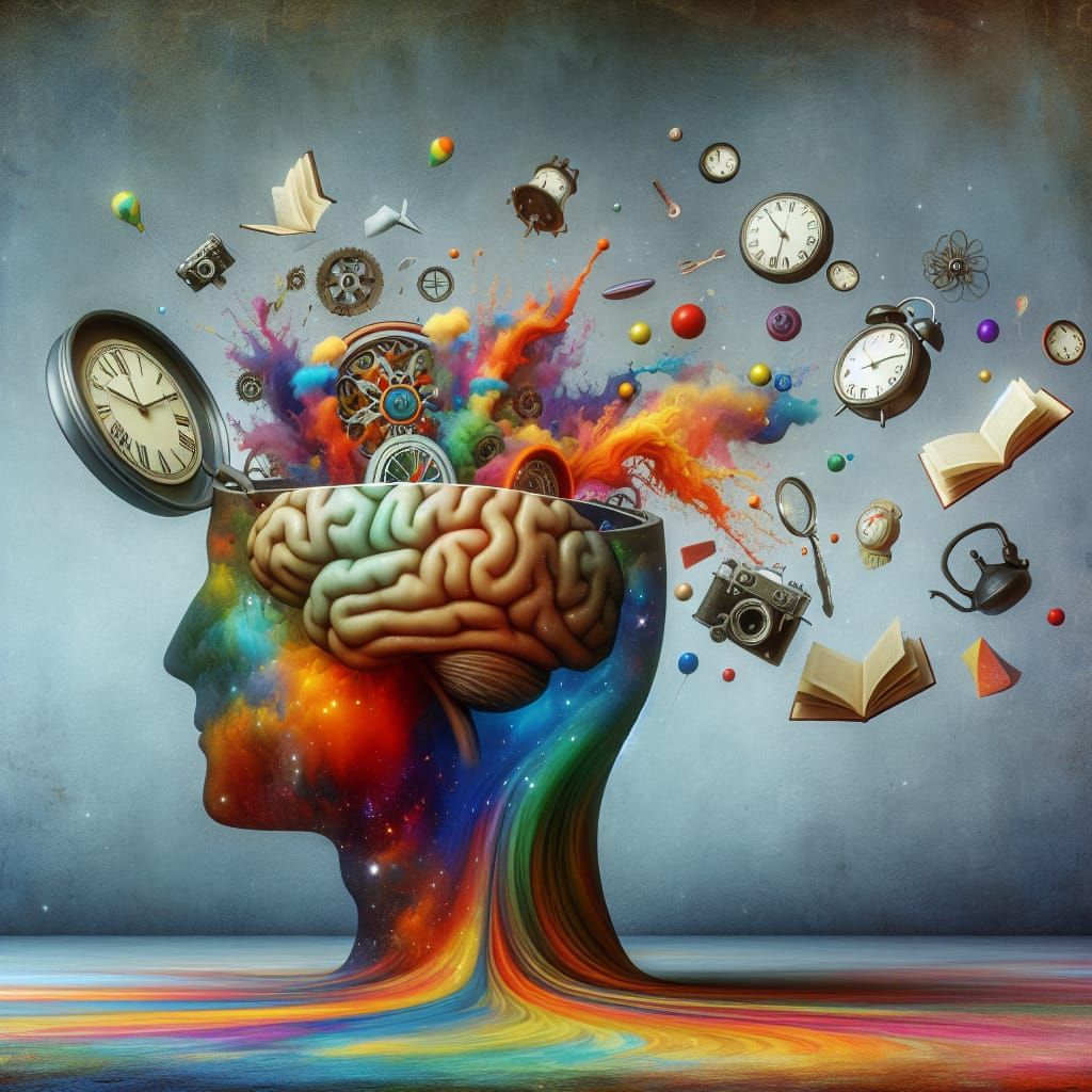 Surreal Abstract Brain With Melting Clocks and Flying Books