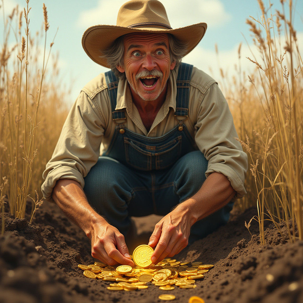 Farmer Finds Gold Coin in Field, Rustic Style