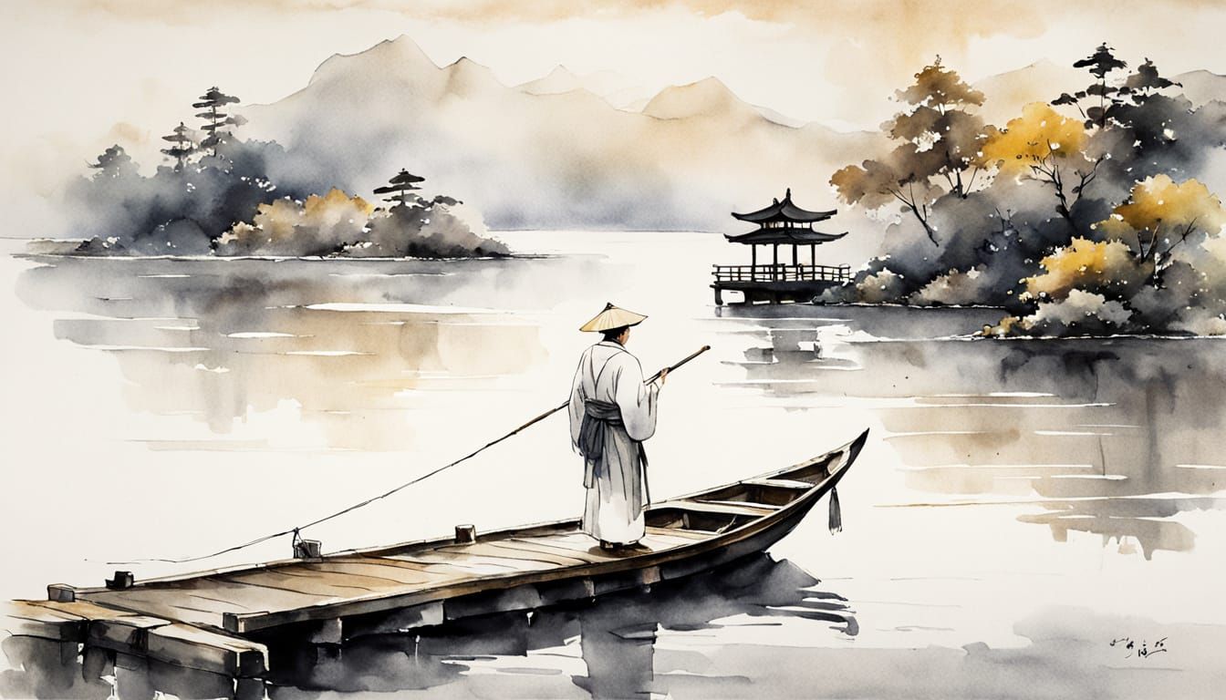 Japanese Watercolor Fisherman with Sailboat