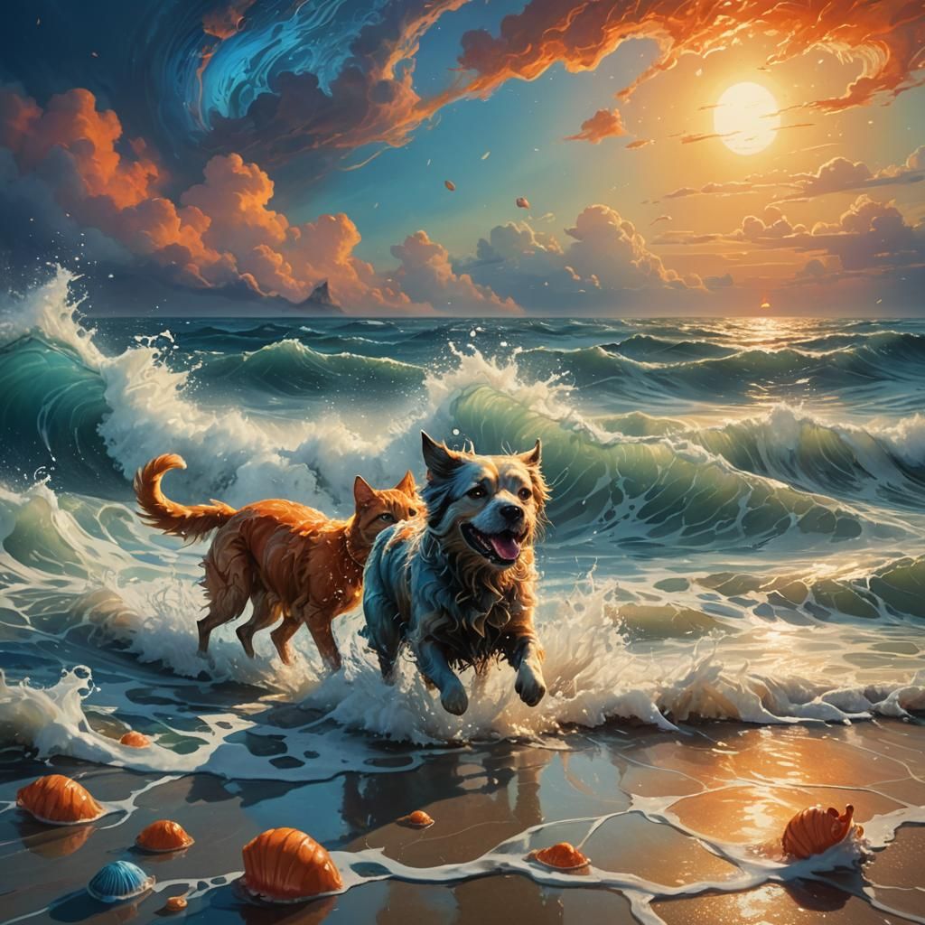 Dog and Cat Playing in Ocean Waves: Surreal Art