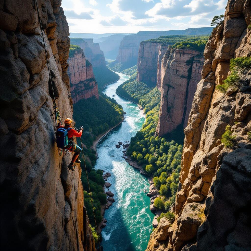 Arie Rappelling Down a Rugged Cliff Above a River