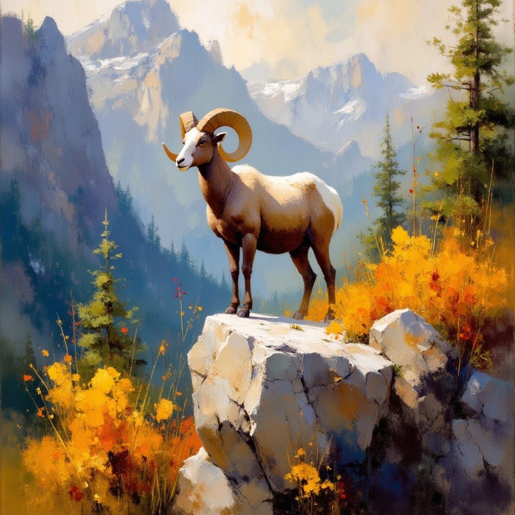 Bighorn Sheep Overlooking Glacier National Park in Autumn