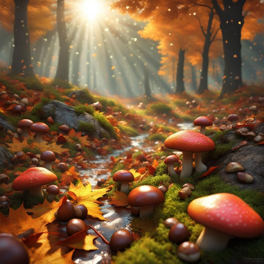 Fantasy Autumn Scenery with Mushrooms in Detailed Render