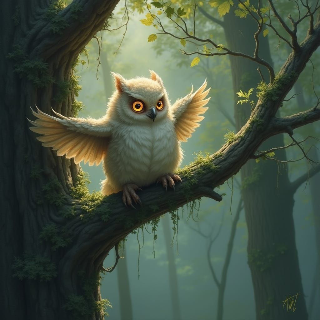 Fluffy Owl Creature Tumbles on Ancient Branch