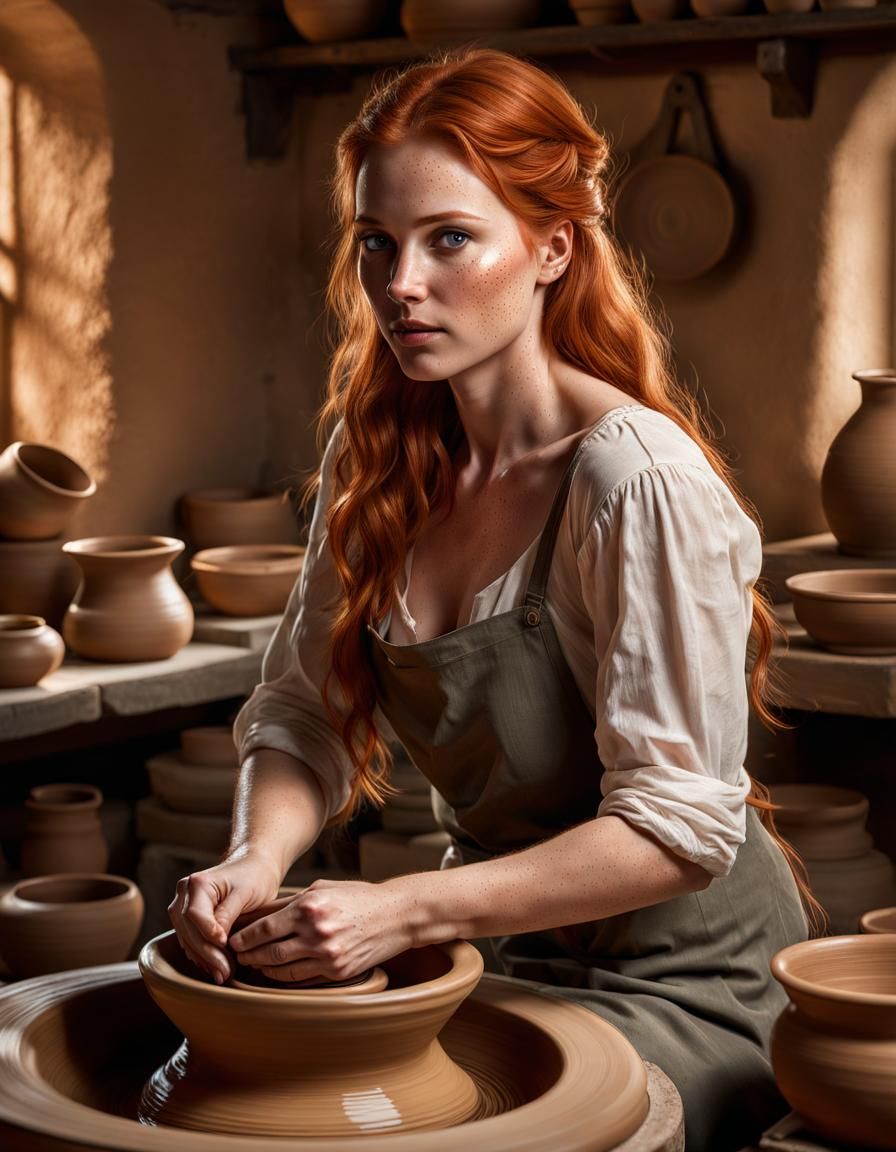 Red-Haired Woman Creates Pottery Bowl