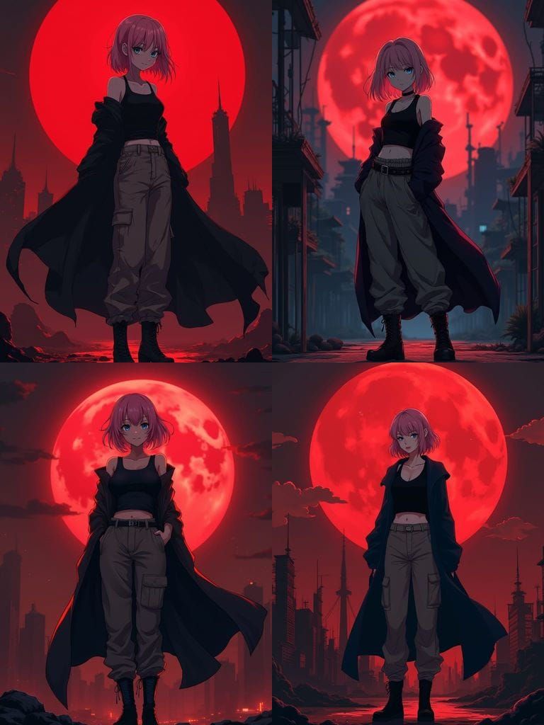 Dystopian Manga Heroine on Balcony with Blood Moon