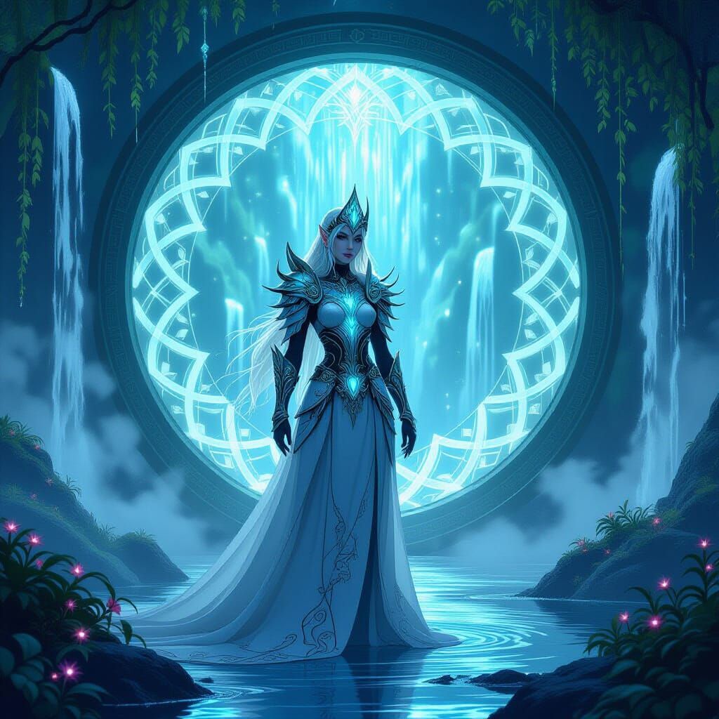Elven Queen Guarding Bioluminescent Portal, Artgerm and Much...