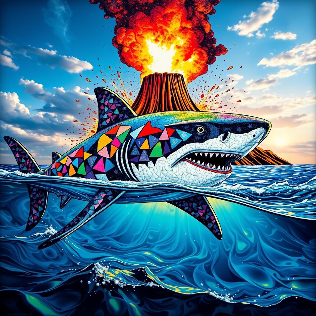 Psychedelic Shark Eruption: A Pop Art Mosaic