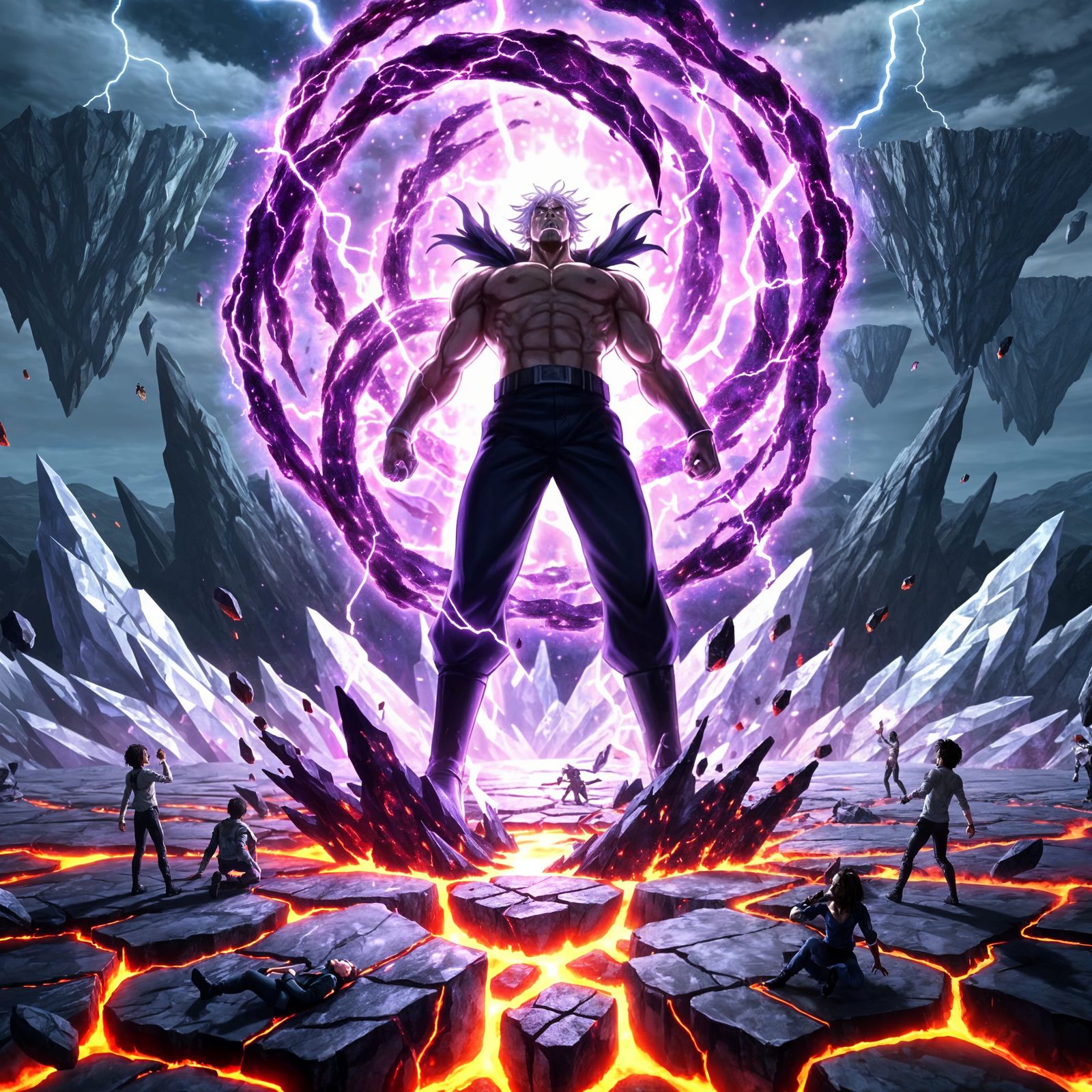 Anime Antagonist Ascends with Crackling Purple Energy