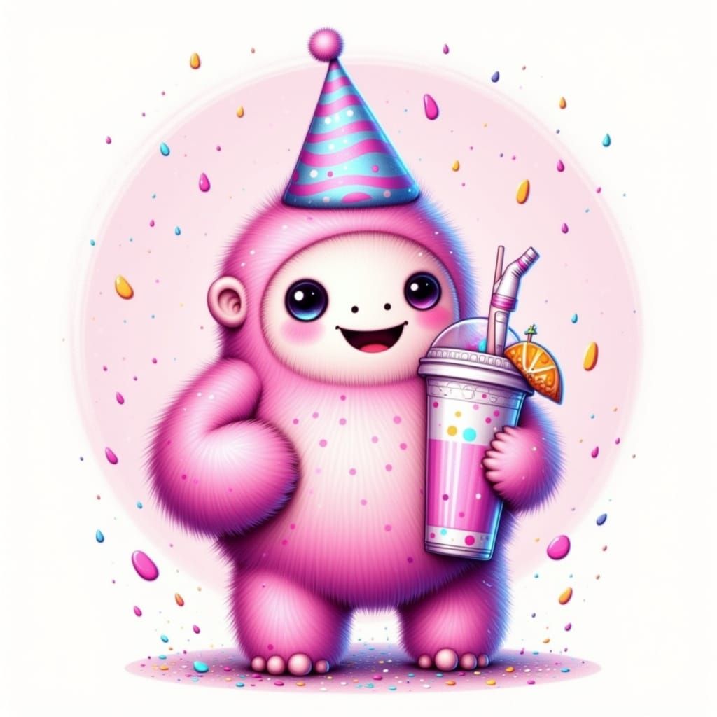 Pink Gorilla Enjoys Boba Tea in Party Hat