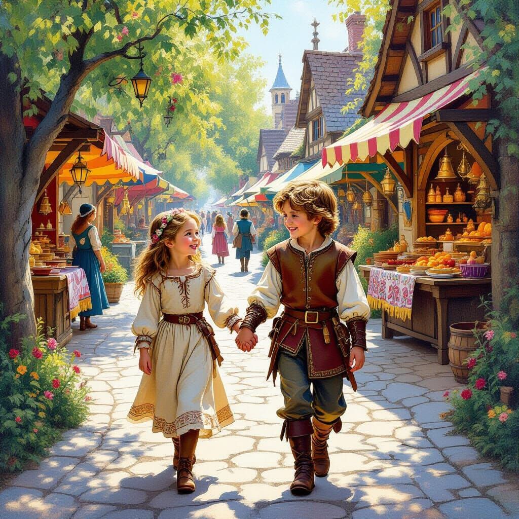 Children at Renaissance Fair in Fantasy Art Style