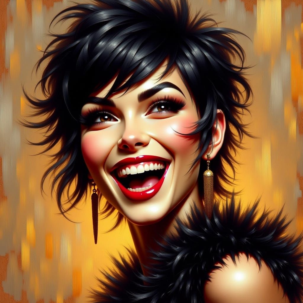 Punk female laughing short black pixie hair style, red lip s...