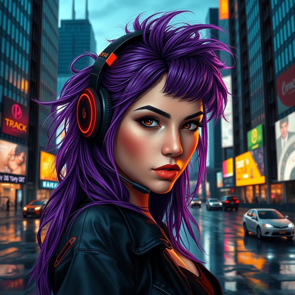 Cyberpunk Woman with Purple Hair and Headset