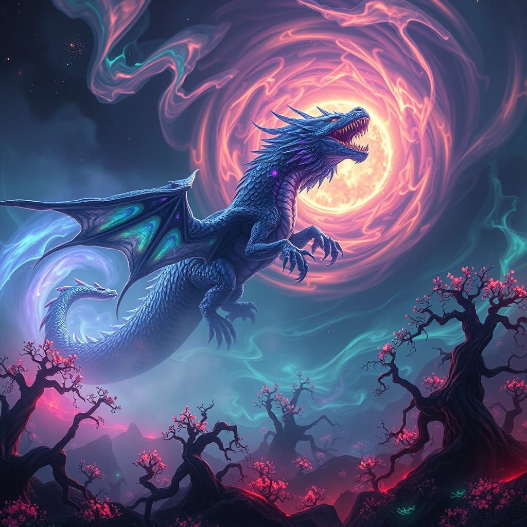 Mystical Dragon Soars Through Dreamlike Landscape in Vibrant...