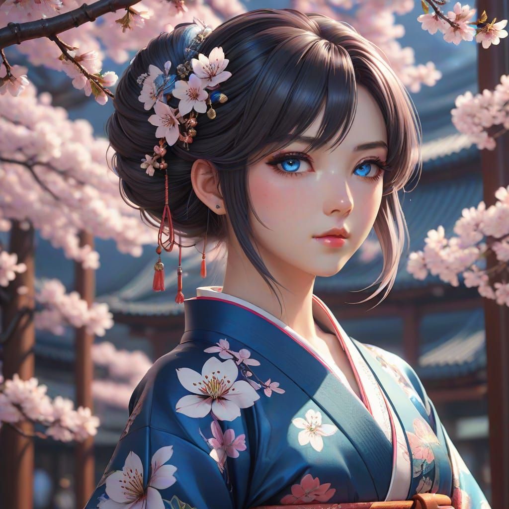 Anime Girl in Kimono with Cherry Blossoms
