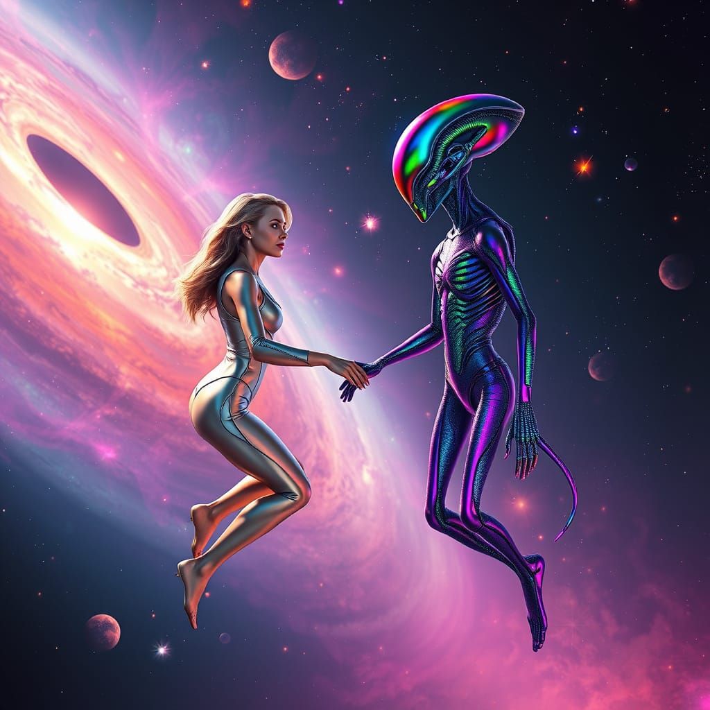 Futuristic Woman Greets Rainbow Alien in Space