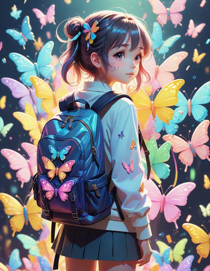 Vibrant Anime Girl with Butterfly Backpack