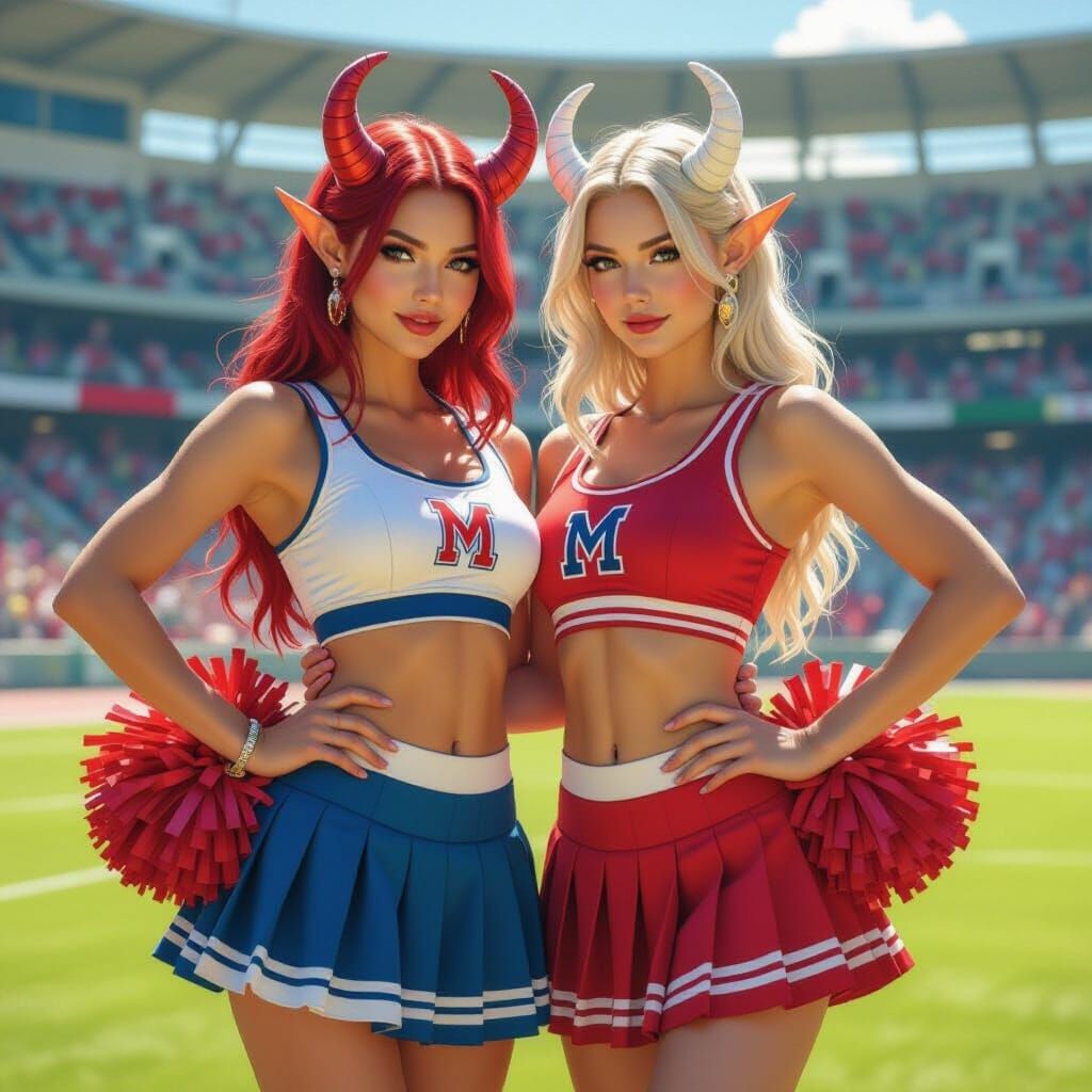 Tiefling and Elf Cheerleaders in Stadium, Hyper-Realistic St...