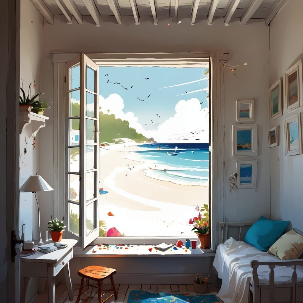 Whimsical White Beach Scene from a Rustic French Window