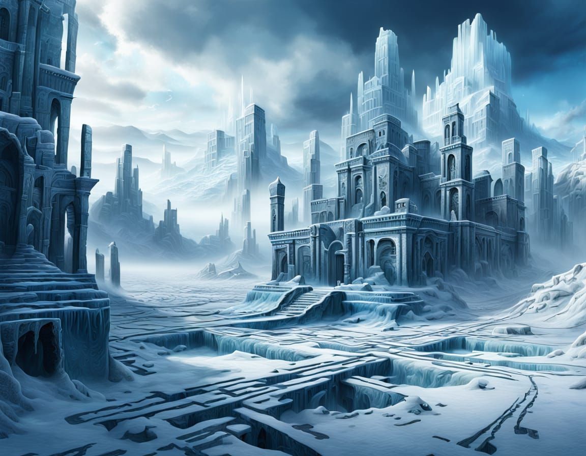 Surreal Lost City in Winter Mist