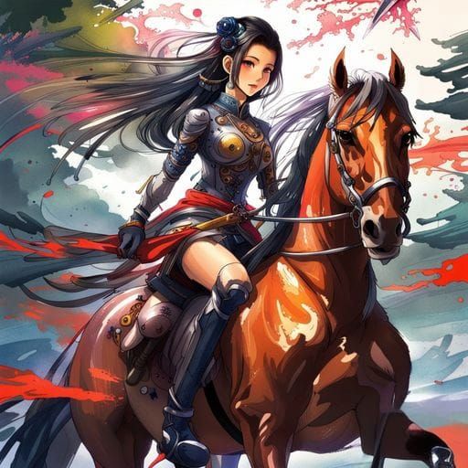 Nude Asian Woman on Horse in Splash Art Style