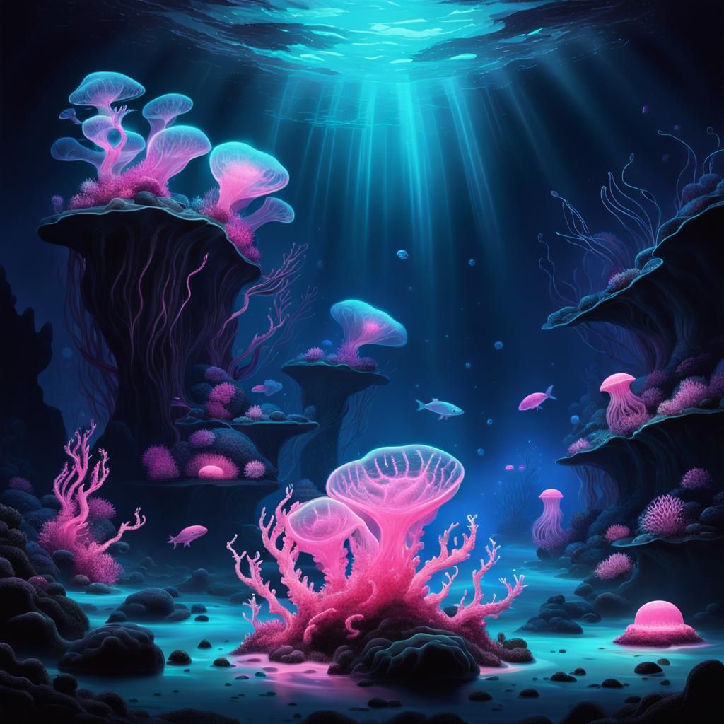 Bioluminescent Deep Sea Ecosystem: Glowing Alien Fantasia