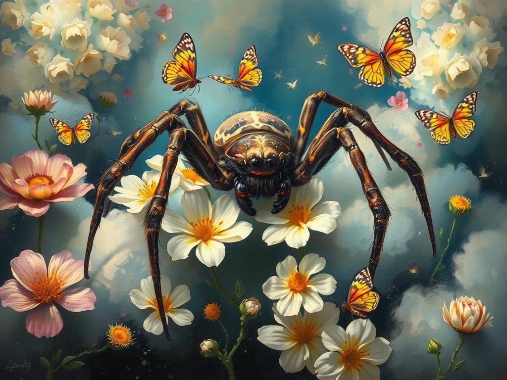 Crying spider with clouds of flowers and butterflies
