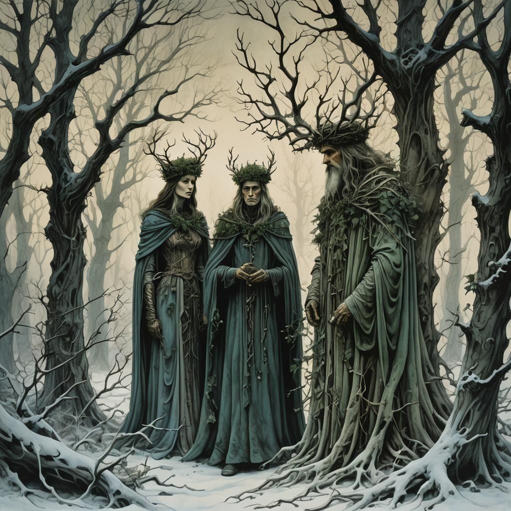 Regal couple, the Holly King and Ivy Queen, standing togethe...