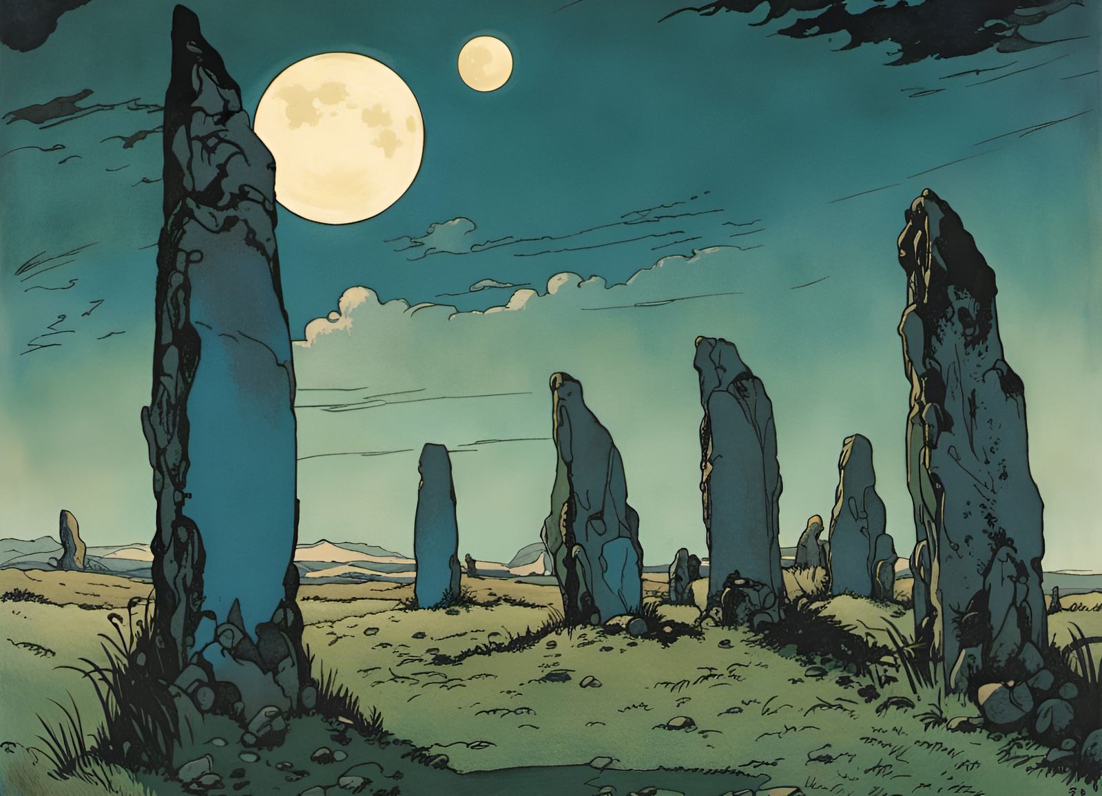 Standing Stones with Glowing Runes: Art Nouveau Landscape