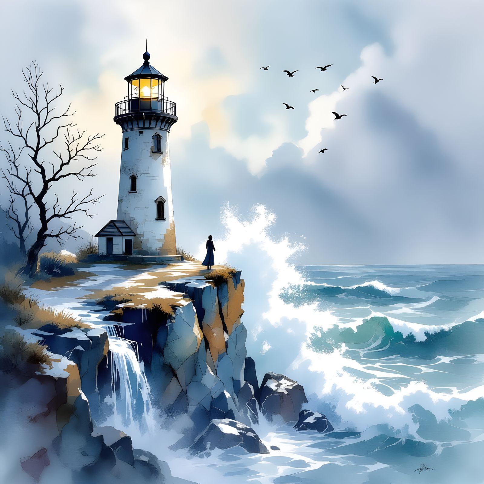 Glass Lighthouse on Windswept Cliff in Watercolor Style