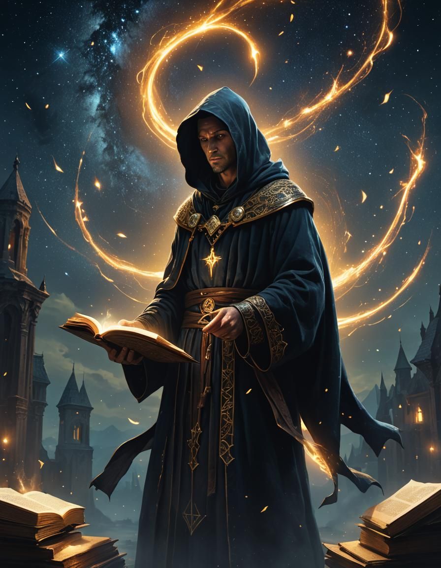 Hooded Sorcerer and Ancient Tome in Dark Fantasy Art