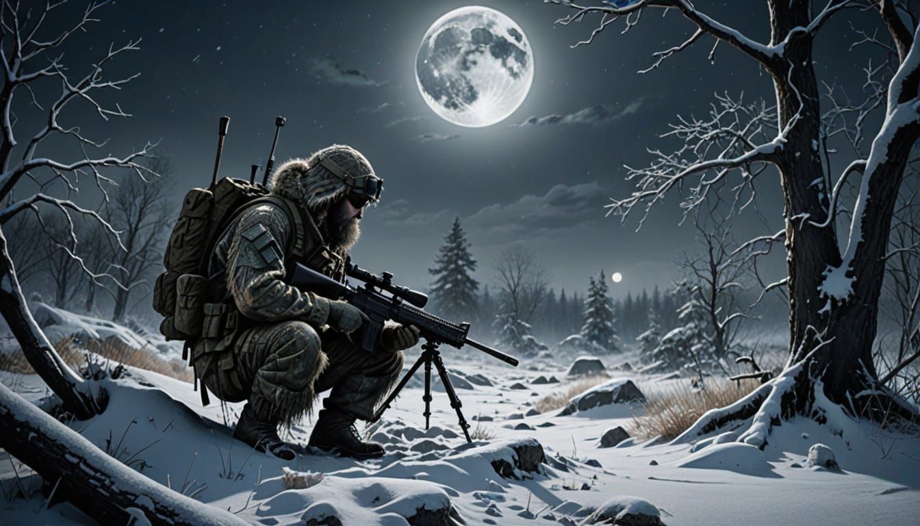 Hyper-Realistic Soldier in Ghillie Suit Under Full Moon