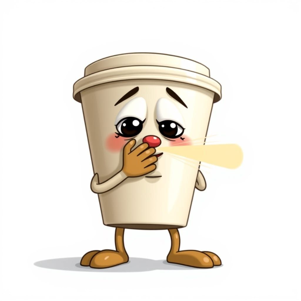 Sneezing Sytrofoam Coffee Cup in a Comical Cartoon Style