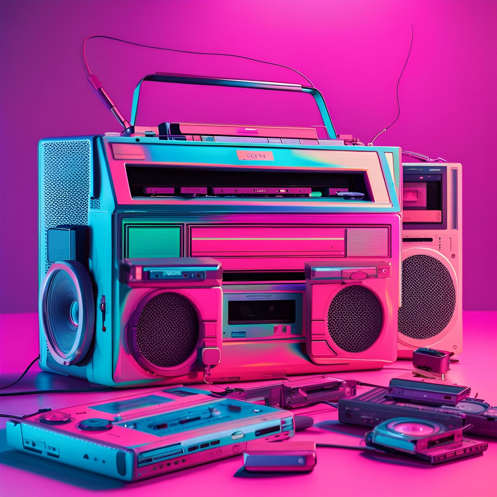 Vaporwave Boombox with Cassette Tapes and Walkman