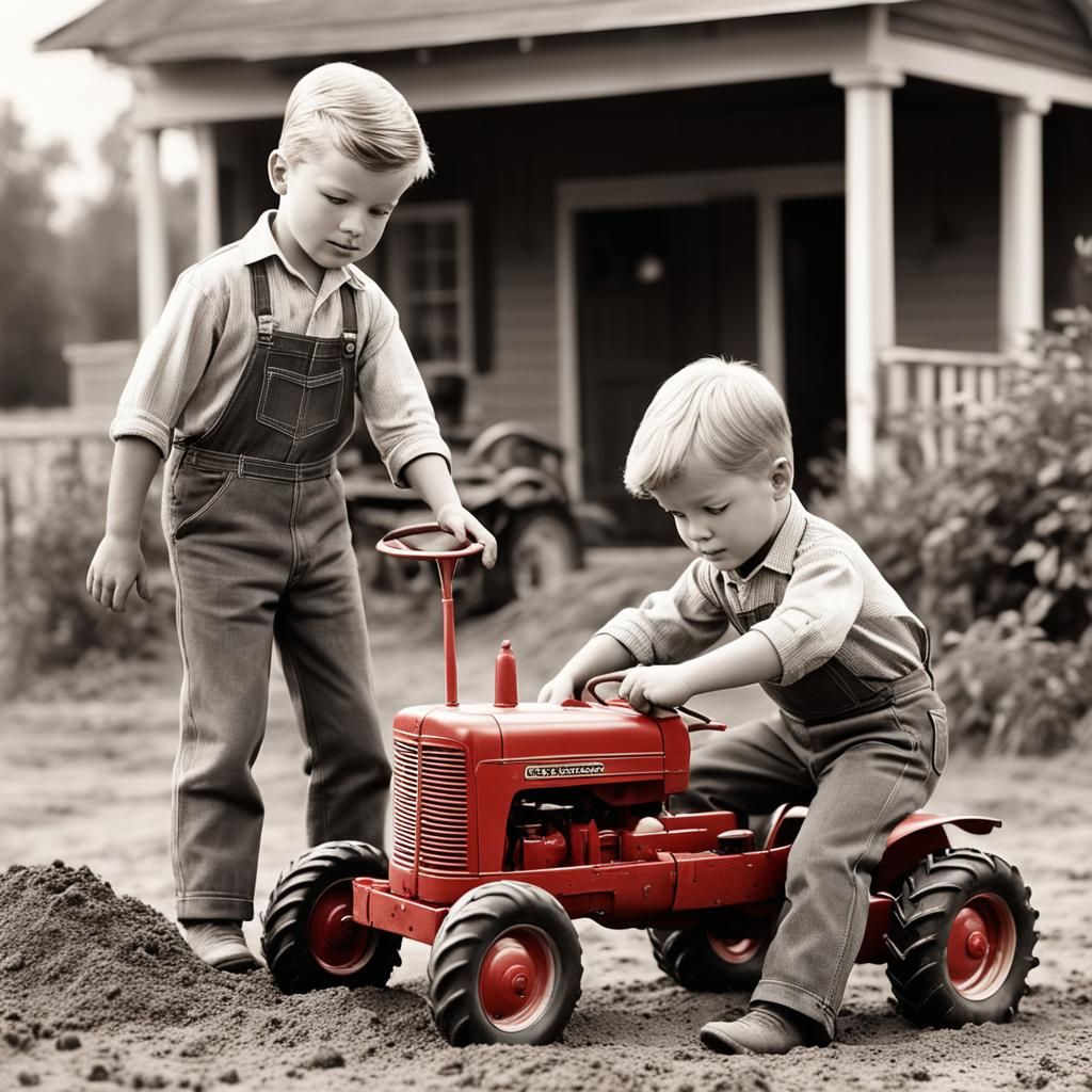 Vintage Photo: Brothers Play with Barbie on Tractors