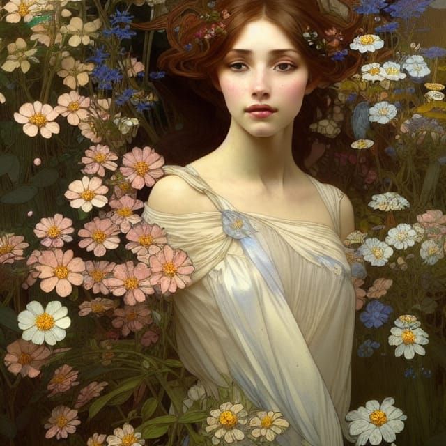 Serene Woman in Floral Greenhouse, Romantic Art Style