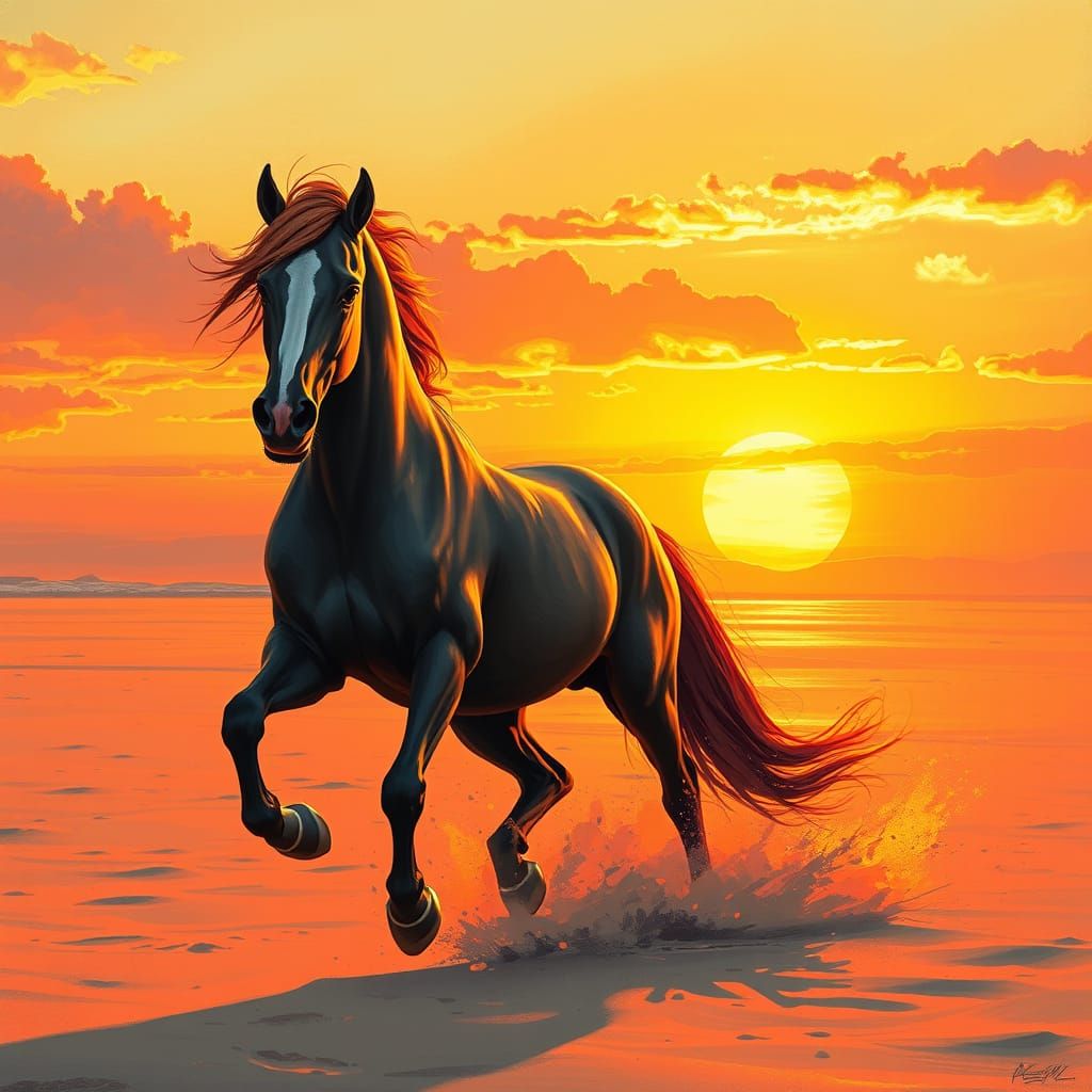 Galloping Mustang in Sunset Landscape