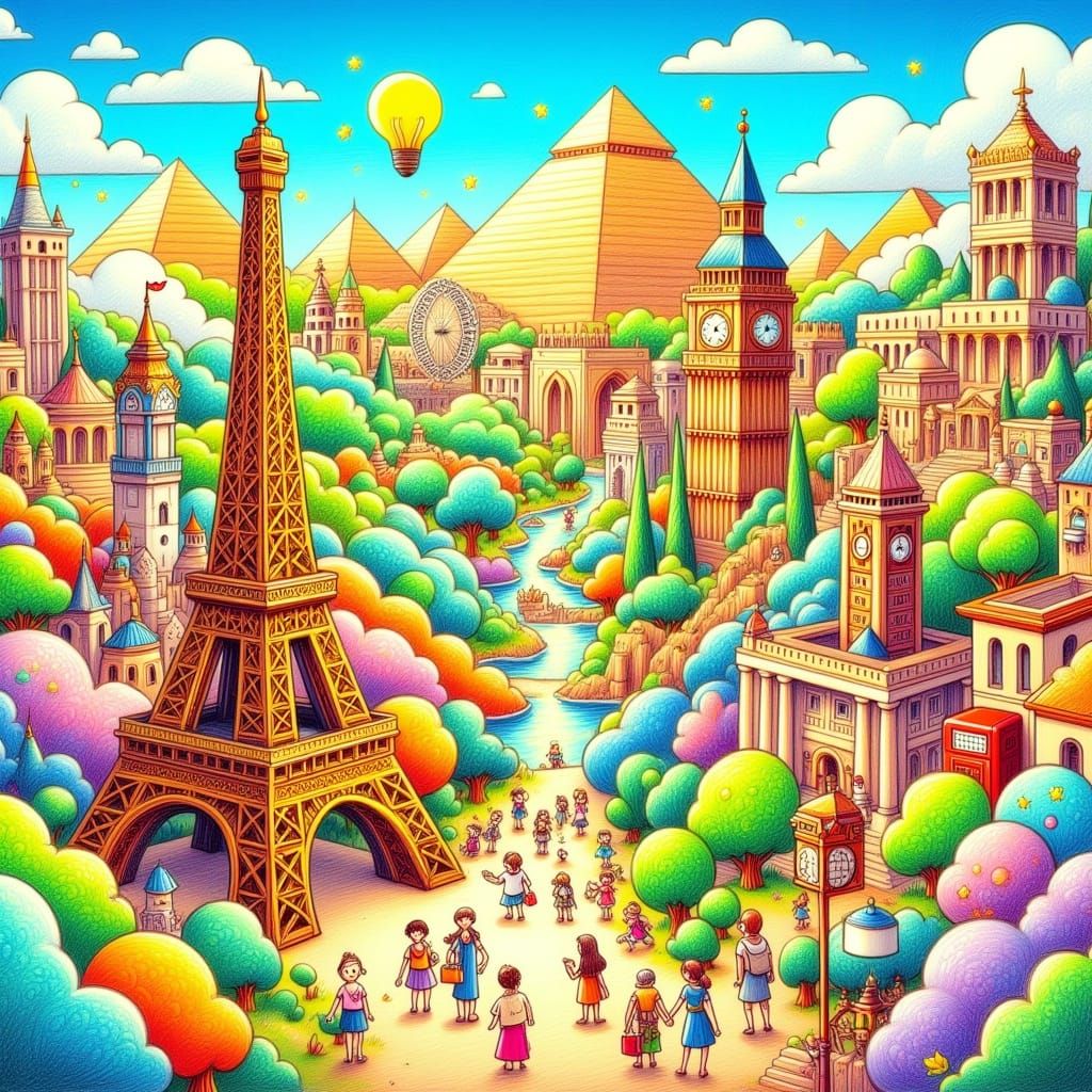 Whimsical Travel Scene in Vibrant Cartoon Style